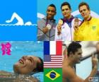 Подиум плавательный мужчины 50 метров вольным стилем, Маноду Флоран (Франция), Каллен Джонс (Соединенные Штаты) и Сезар Сьело (Бразилия) - Лондон-2012-